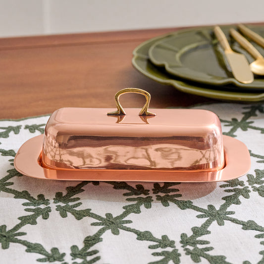 Antique Copper Butter Dish shown on table