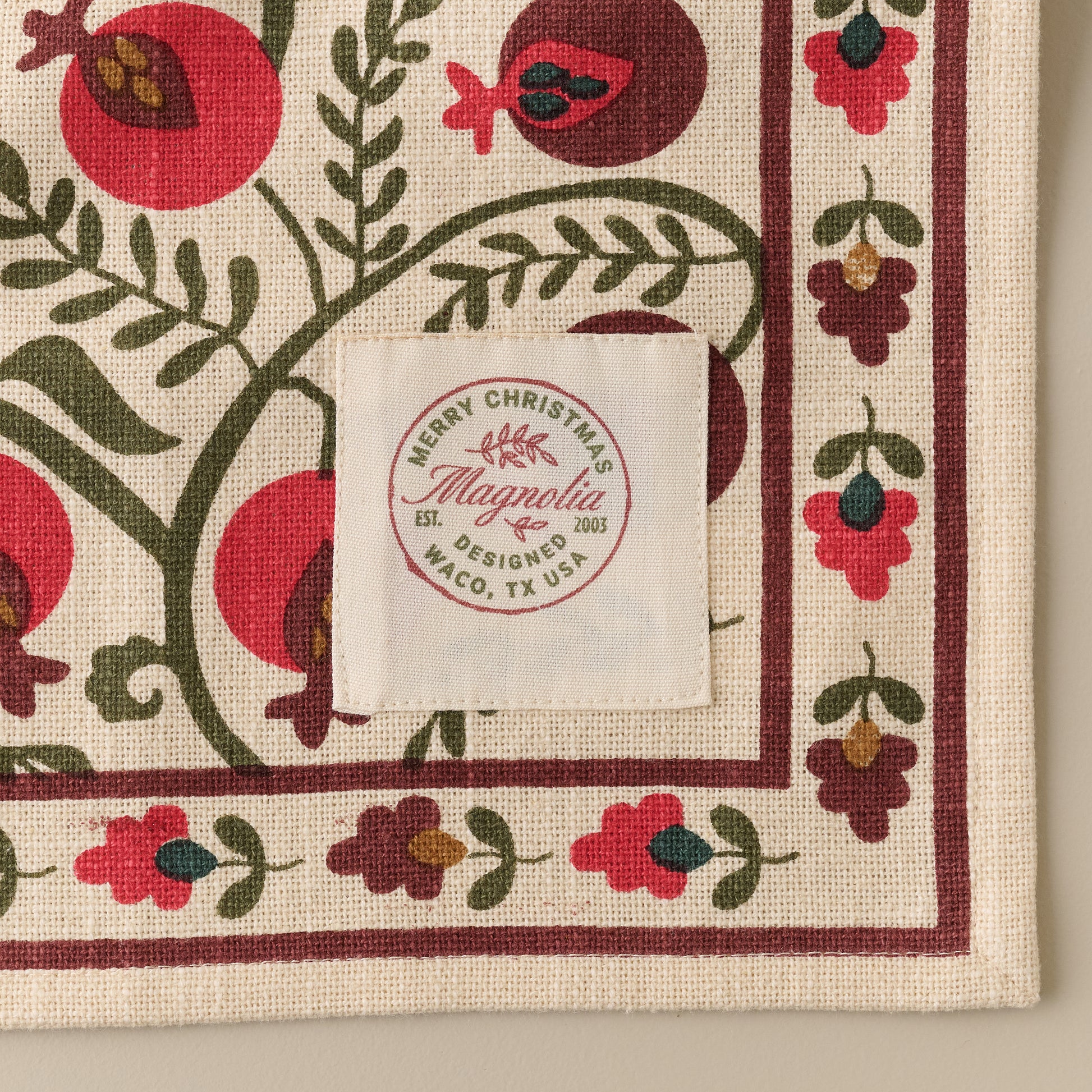 Magnolia Pomegranate Block Print Tea Towel corner up close