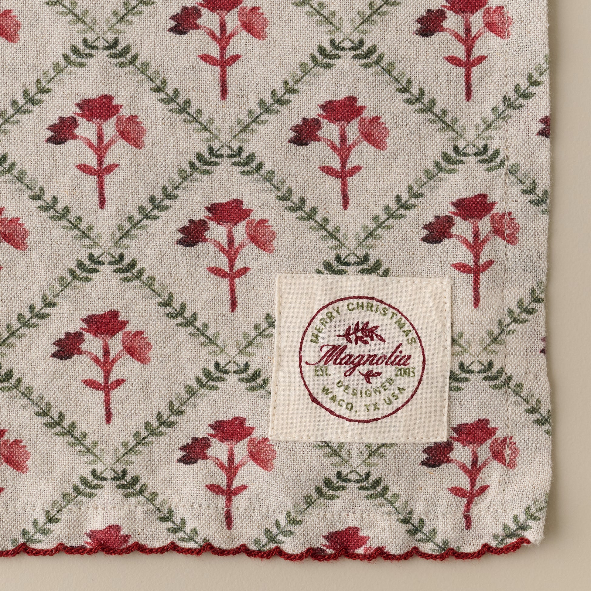 Magnolia Holiday Block Print Tea Towel corner up close