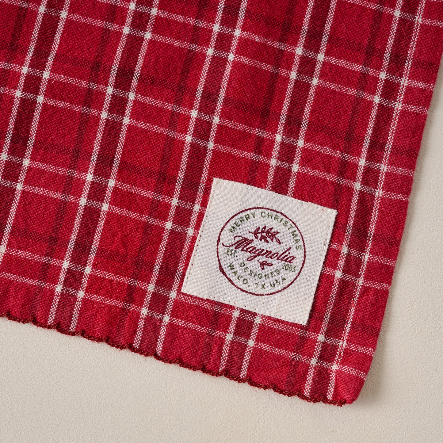Magnolia Vintage Red Plaid Tea Towel corner up close