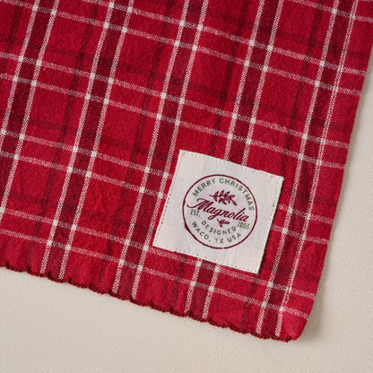 Magnolia Vintage Red Plaid Tea Towel corner up close