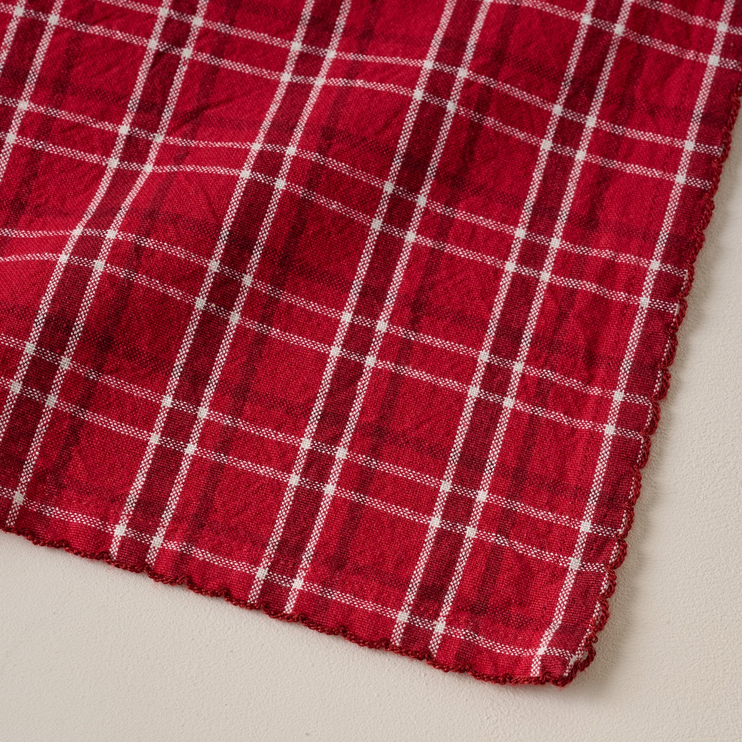 Magnolia Red Plaid Napkin Set of Four corner up close