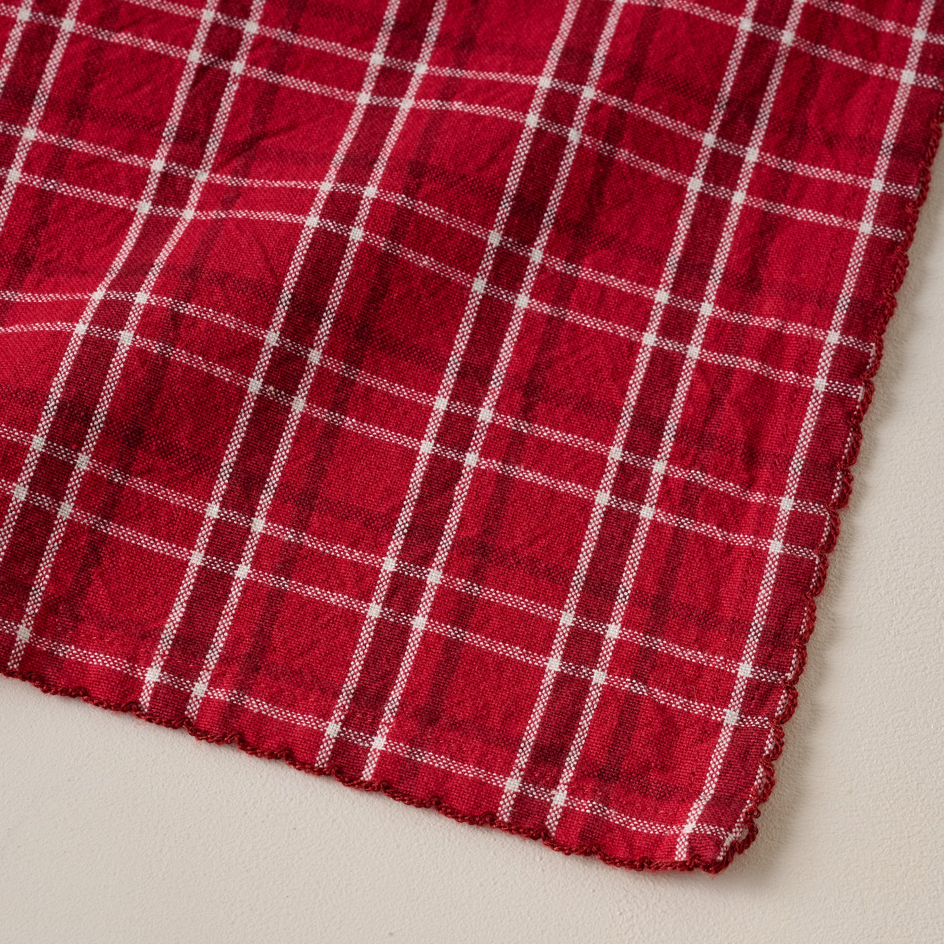 Magnolia Red Plaid Napkin Set of Four corner up close