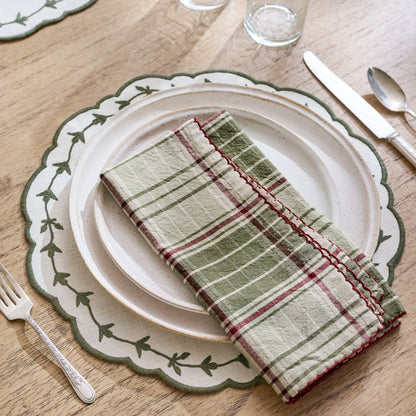 Green Embroidered Edge Scallop Reversible Placemat shown on table setting