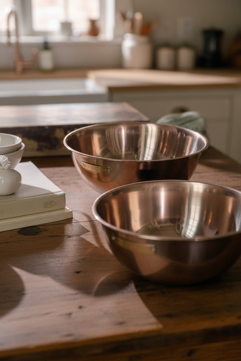 copper mixing bowls on a wooden kitchen island