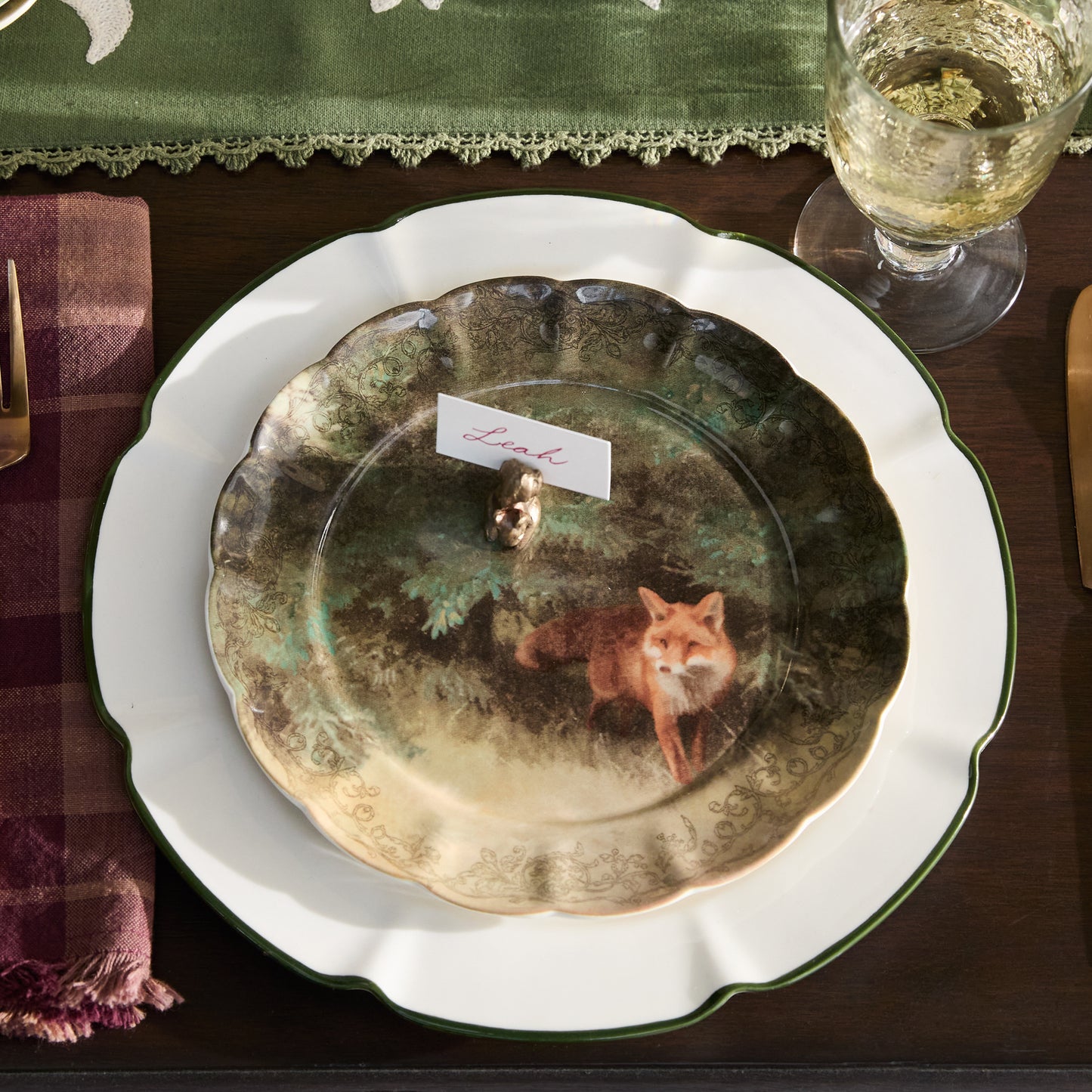 Enchanted Forest Fox Dessert Plate at a place setting
