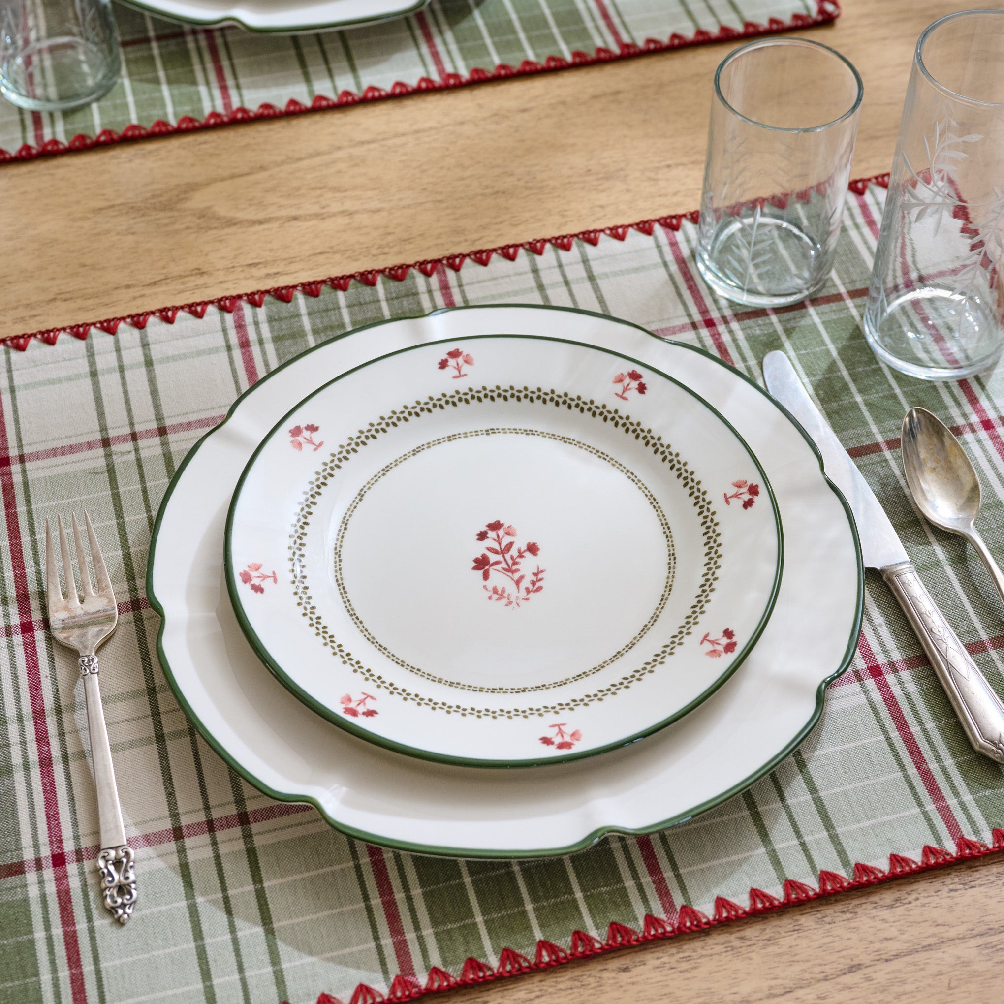 Fern Green Luna Floral Salad Plate shown on holiday table