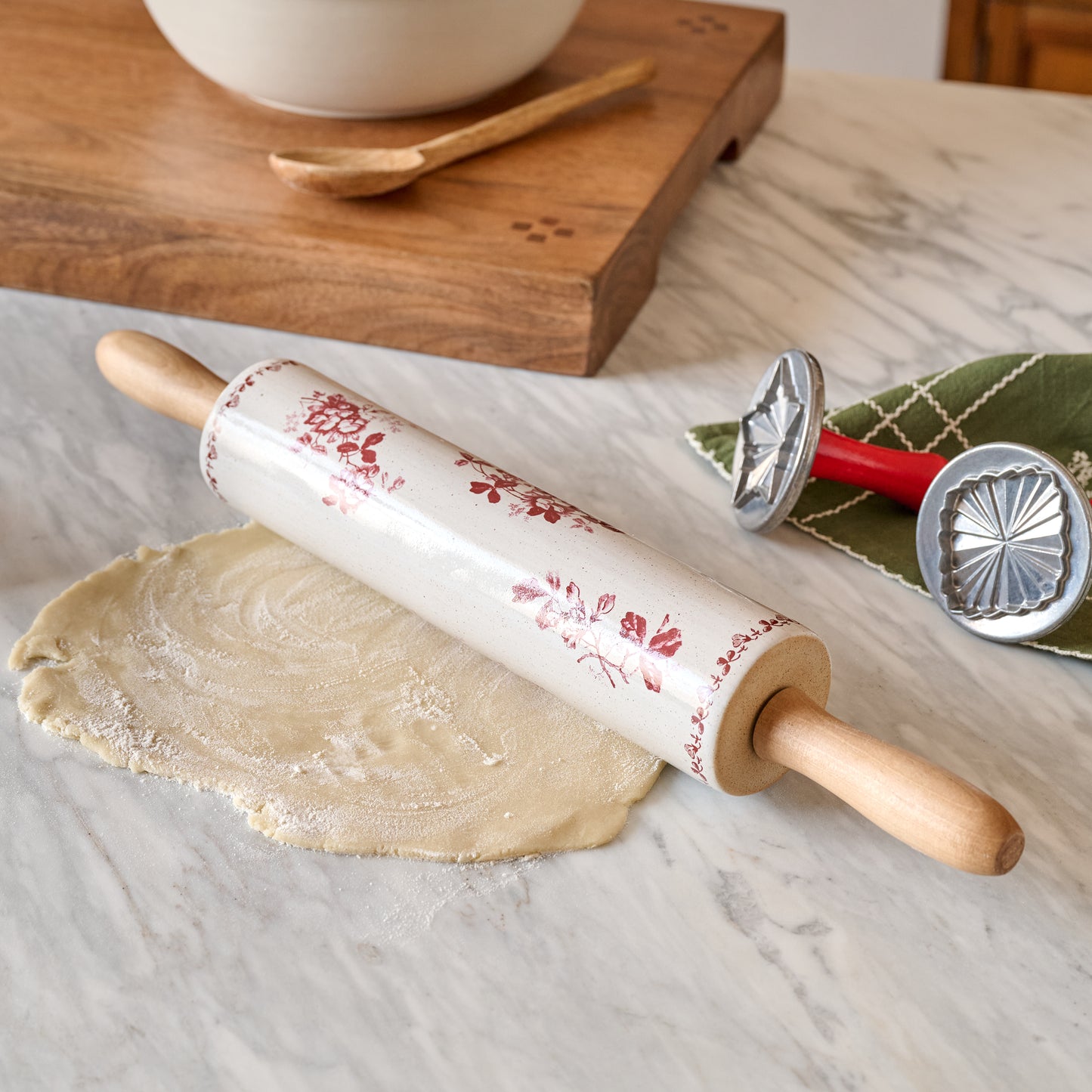 Heirloom Garden Scarlett Rolling Pin shown with cookie dough