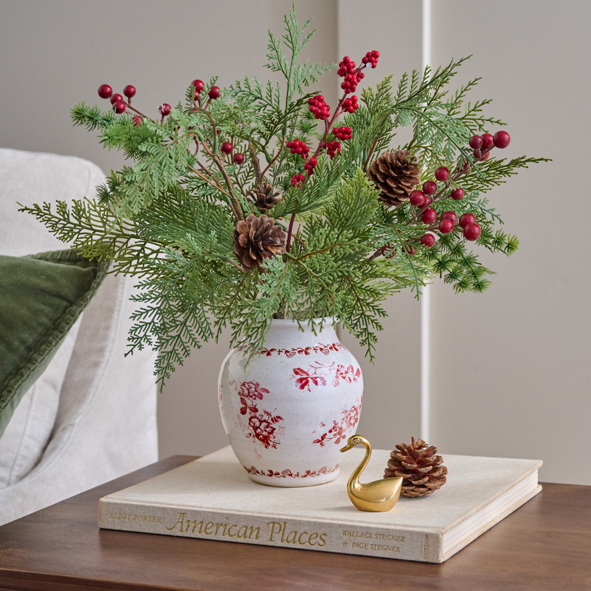 Heirloom Garden Ceramic Vase shown with seasonal greenery