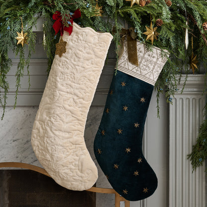 Enchanted Forest Quilted Stocking shown hung on mantel with another stocking