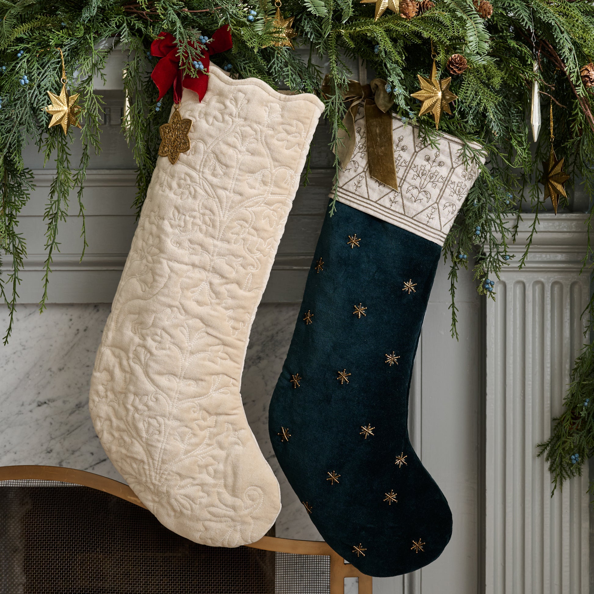 Hand-Beaded Evermore Velvet Stocking shown on mantel with other stocking