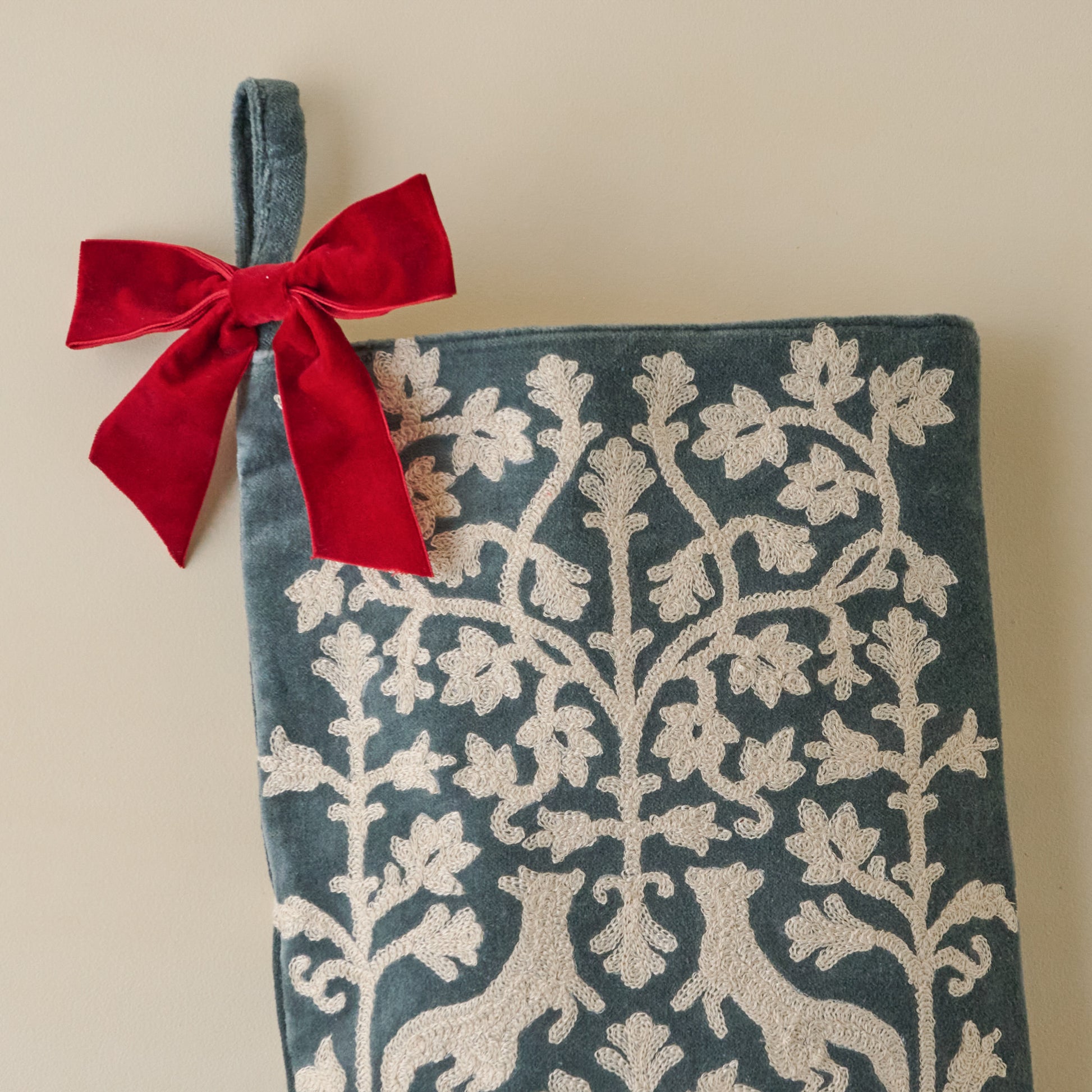 Balsam Fir Enchanted Forest Embroidered Velvet Stocking up close