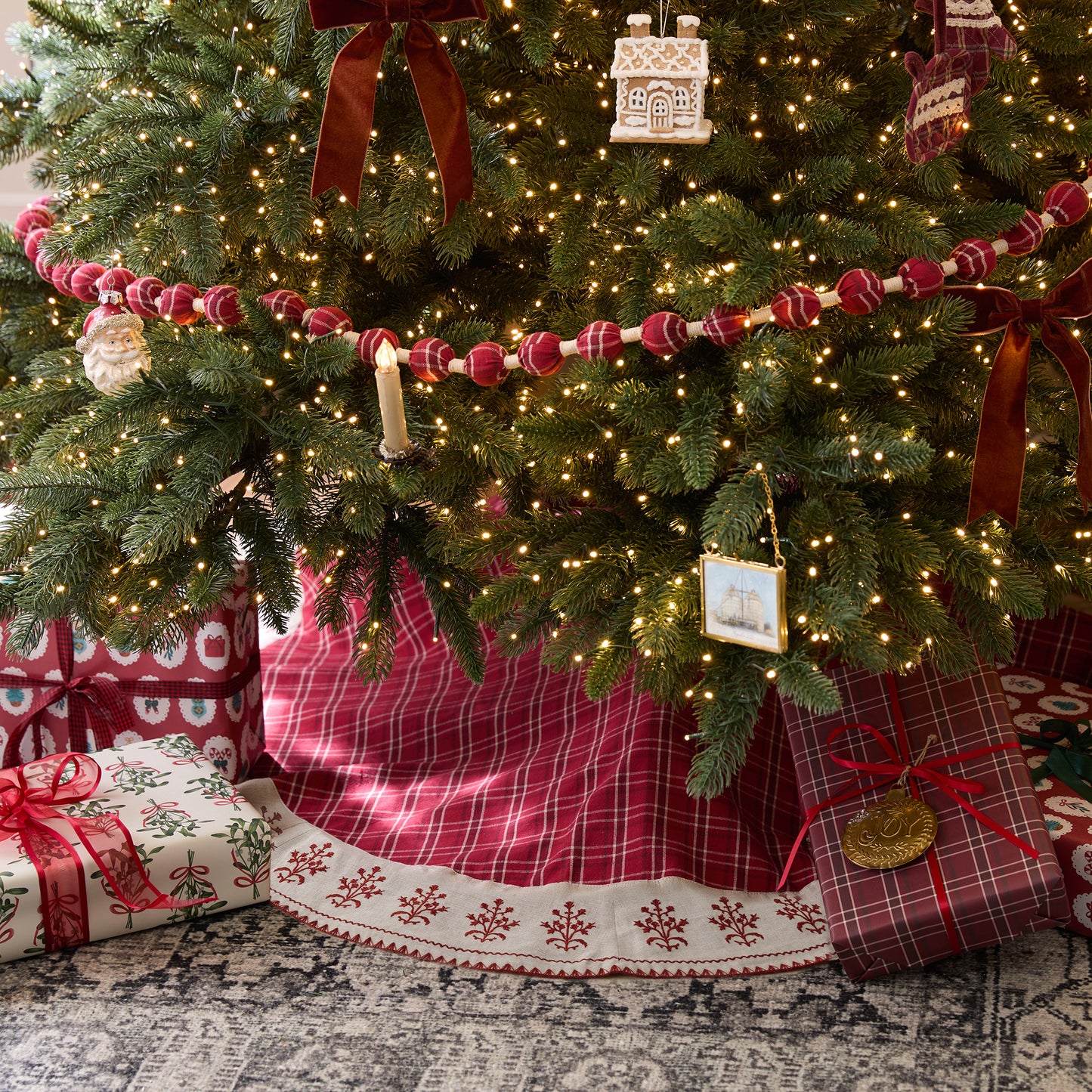 Vintage Red Plaid Tree Skirt in a room