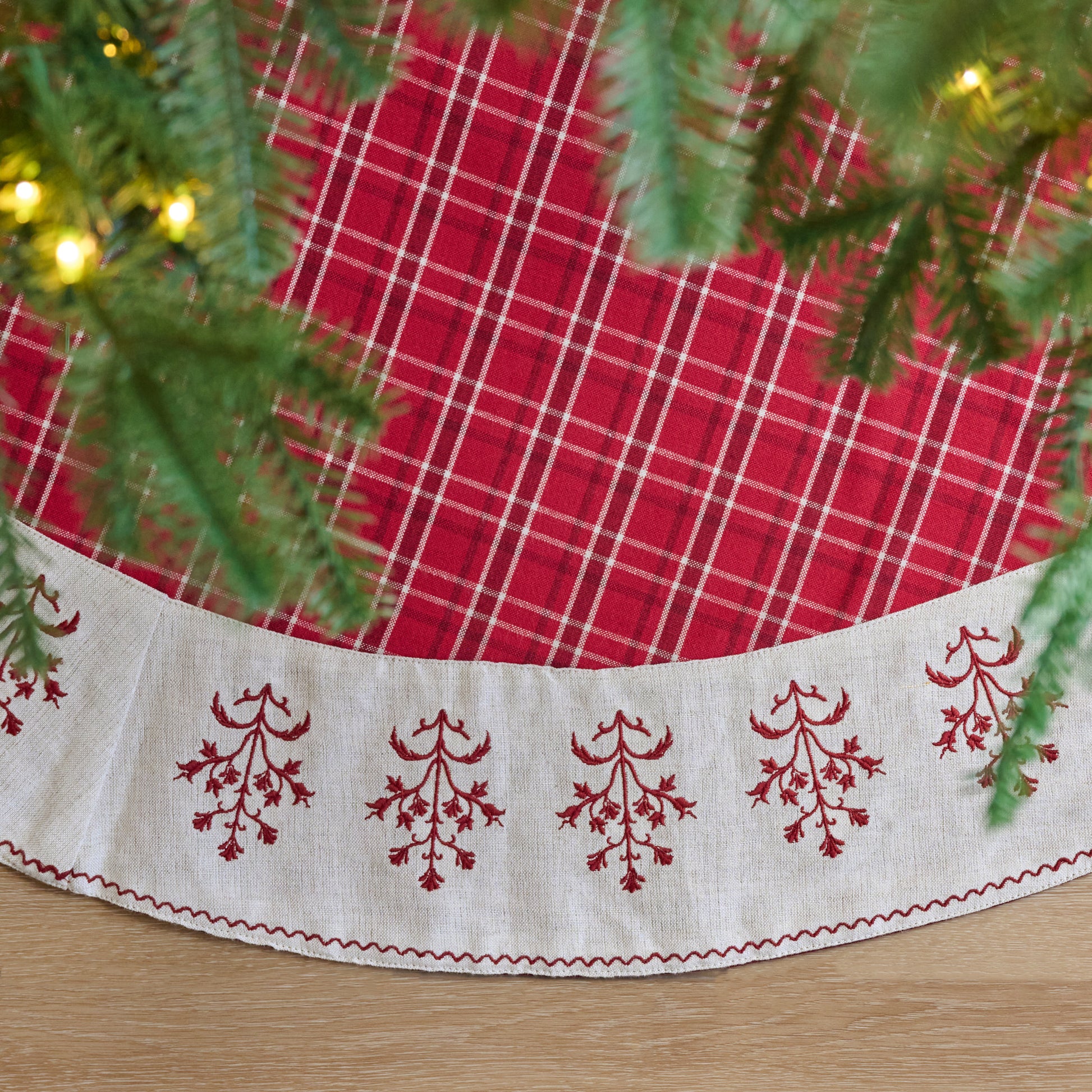 Vintage Red Plaid Tree Skirt shown from above under tree