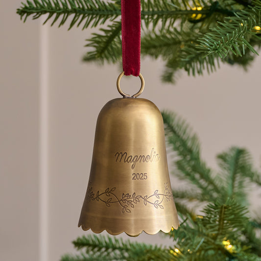 Engraved Magnolia Brass Bell Ornament