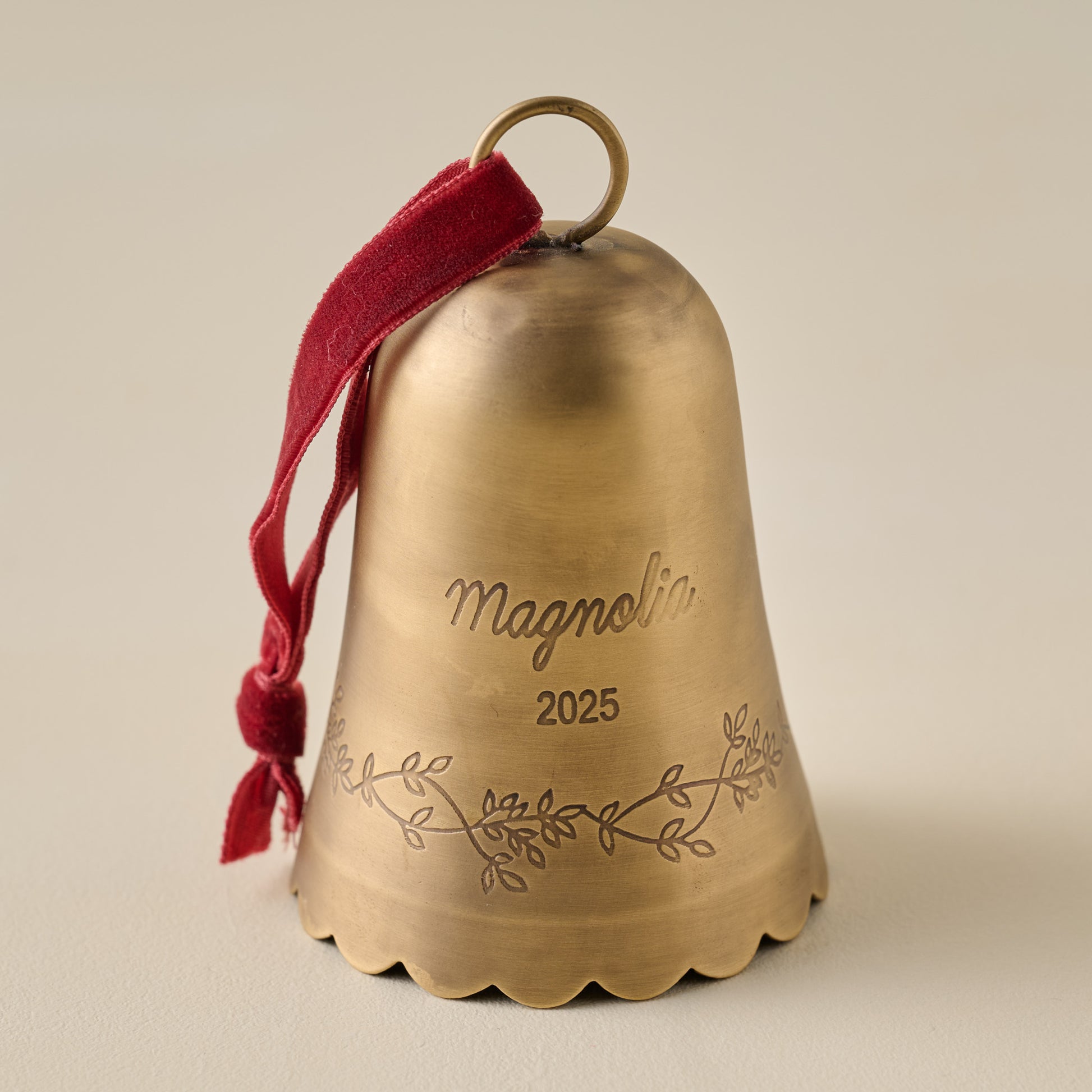 Engraved Magnolia Brass Bell Ornament