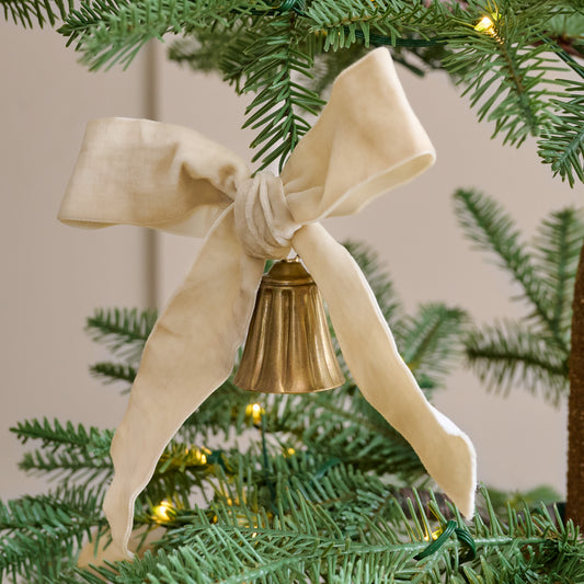 Velvet Bow with Bell Ornament, Set of 6 shown hung on tree