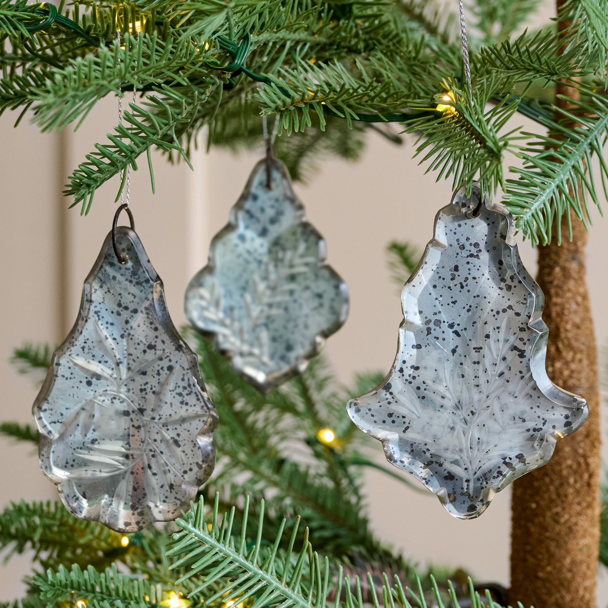 Antique Inspired Etched Glass Ornaments, Set of 6 shown hung on tree
