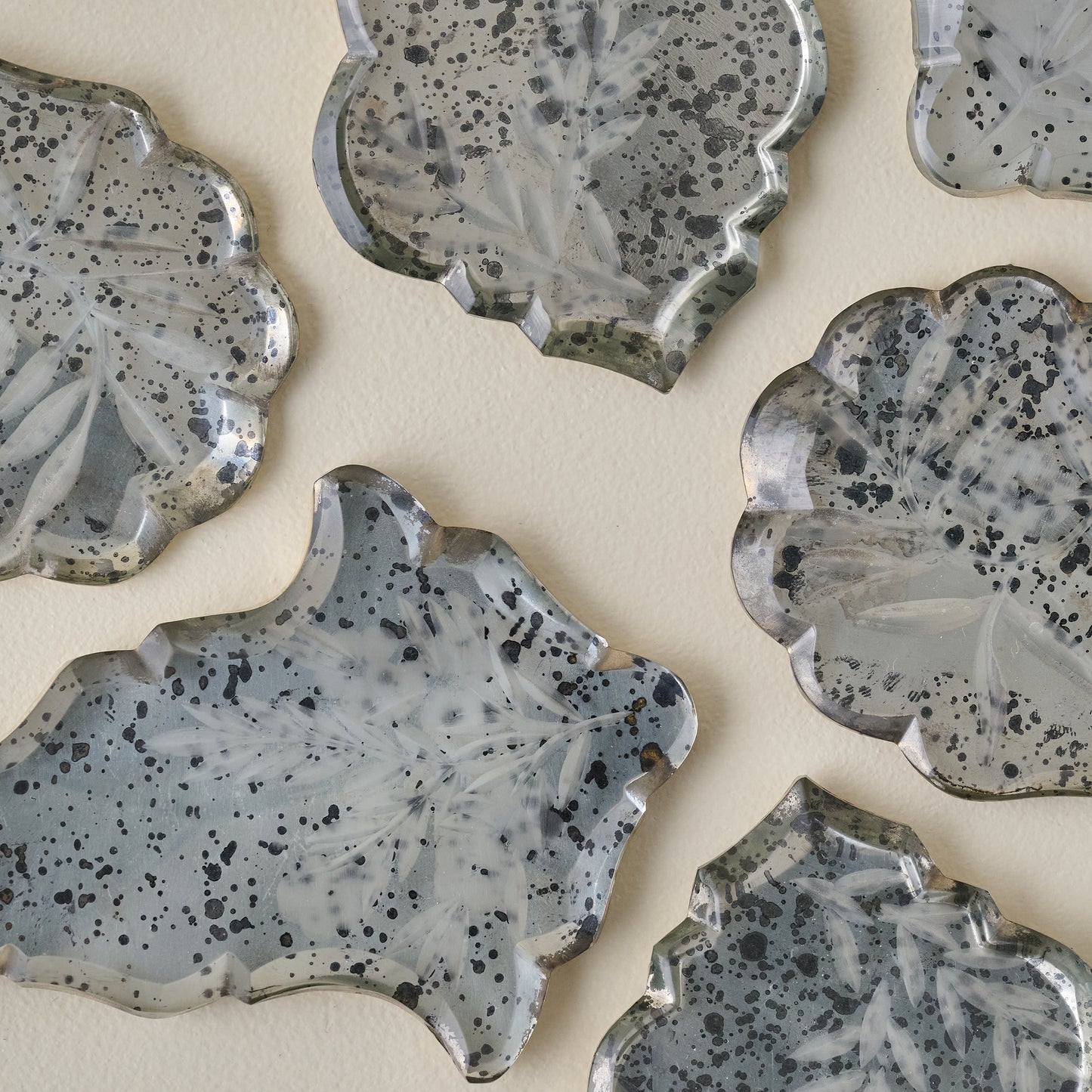Antique Inspired Etched Glass Ornaments, Set of 6 up close