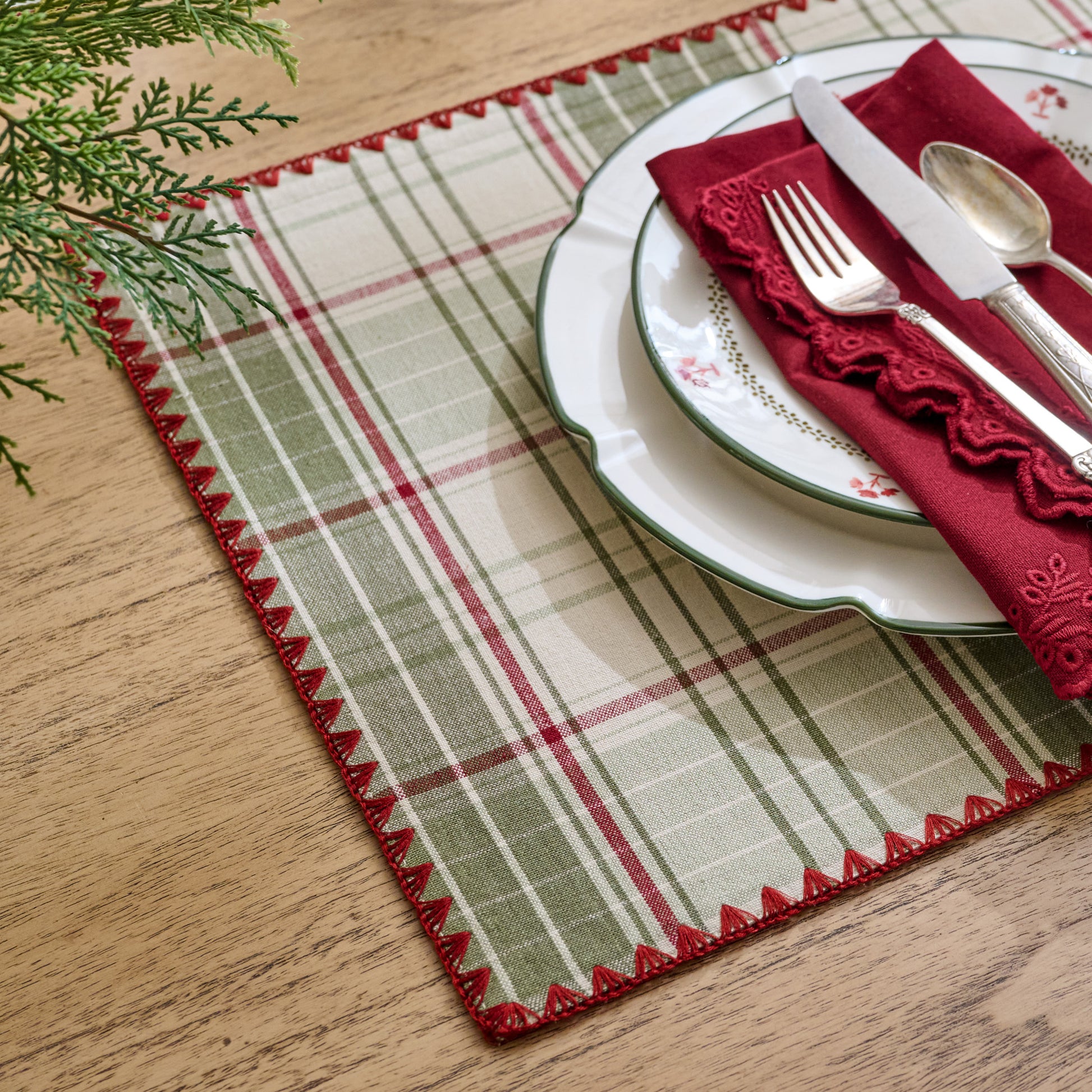 Magnolia Festive Plaid Reversible Placemat Set of Four - green side showing set on table