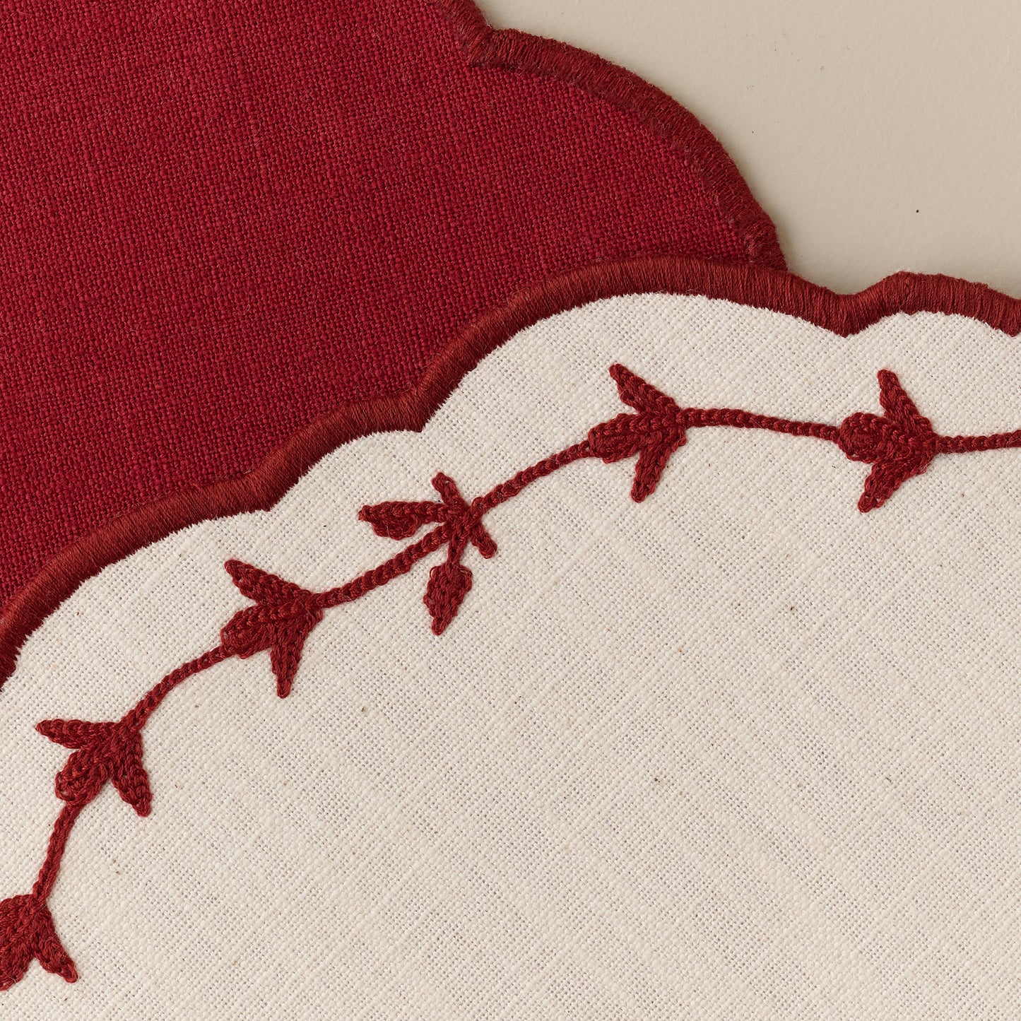 Red Embroidered Edge Scalloped Reversible Placemat edge up close