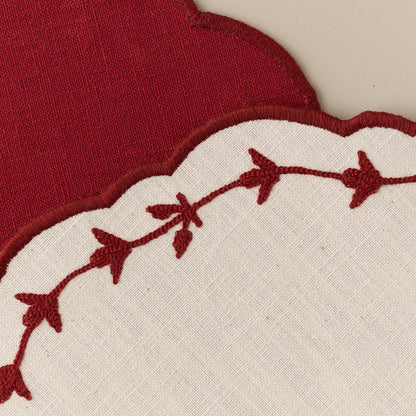 Red Embroidered Edge Scalloped Reversible Placemat edge up close