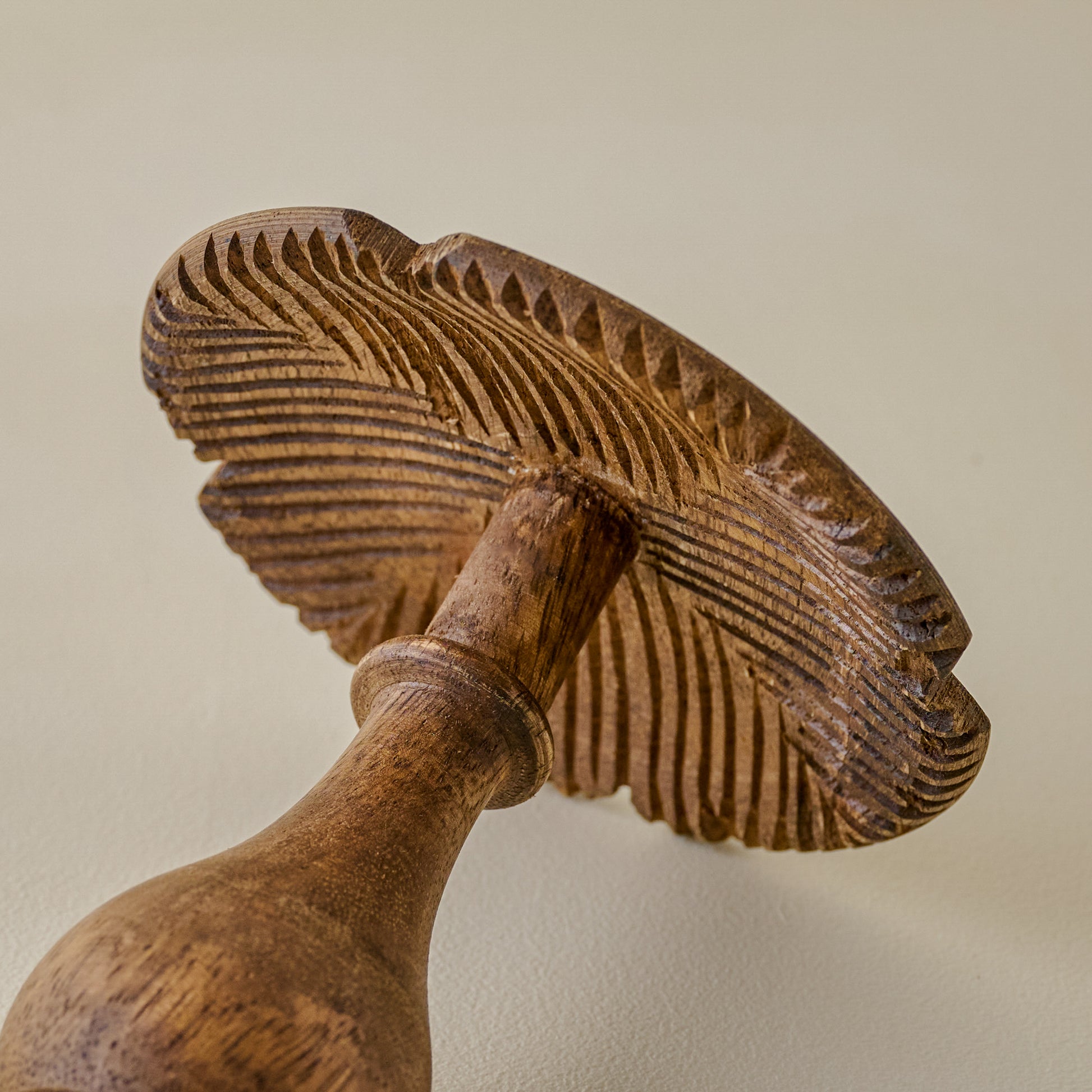 Hand-Carved Decorative Wooden Mushroom, Set of 3 underside of mushroom up close