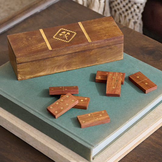 Wooden box and dominoes set on a book
