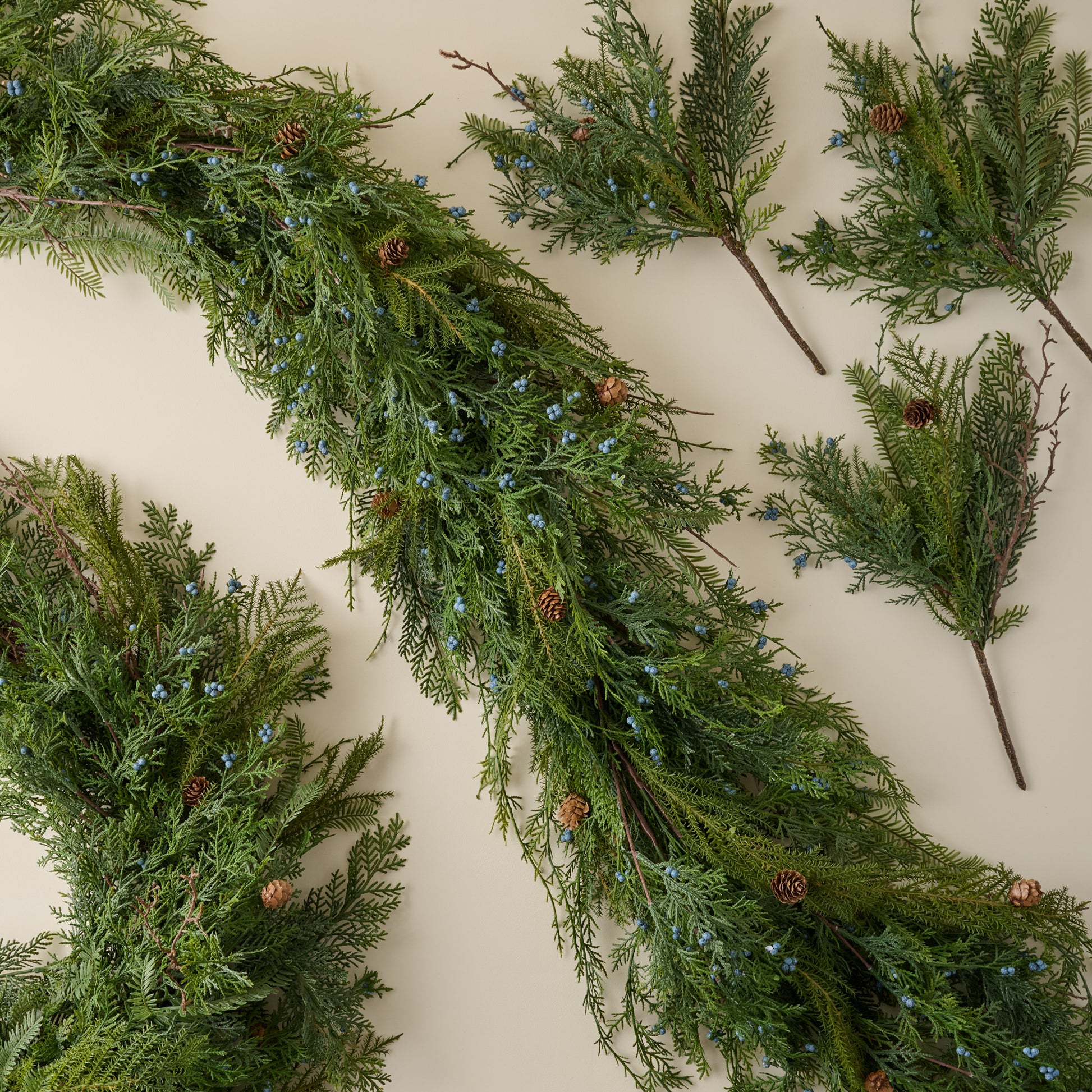 Real Touch Juniper Berry Pine Bundle shown with matching garland and wreath