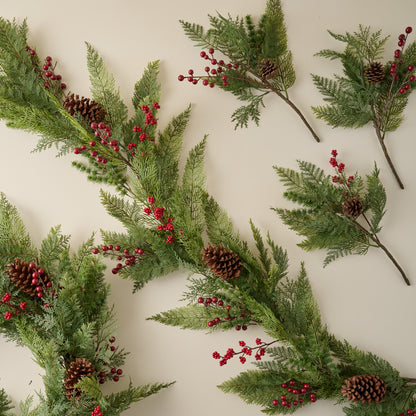 Real Touch Foraged Red Berry Pine Wreath shown with matching garland and stems