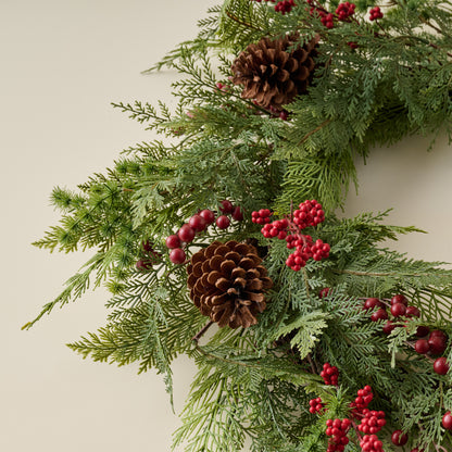 Real Touch Foraged Red Berry Pine Wreath up close