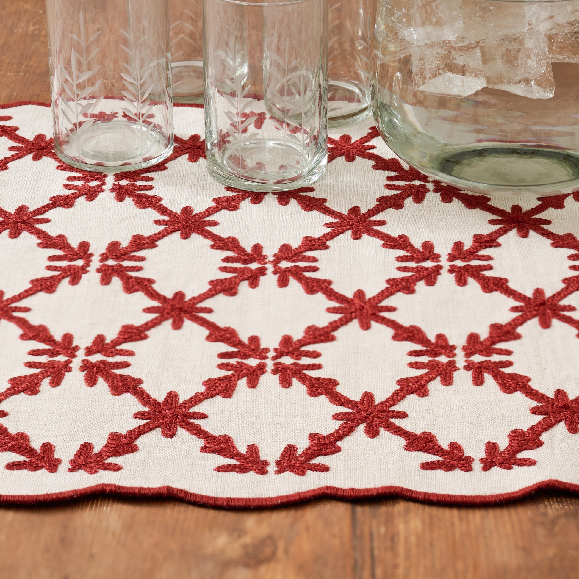 Syrah Eleanor Embroidered Table Runner shown with glasses on the table