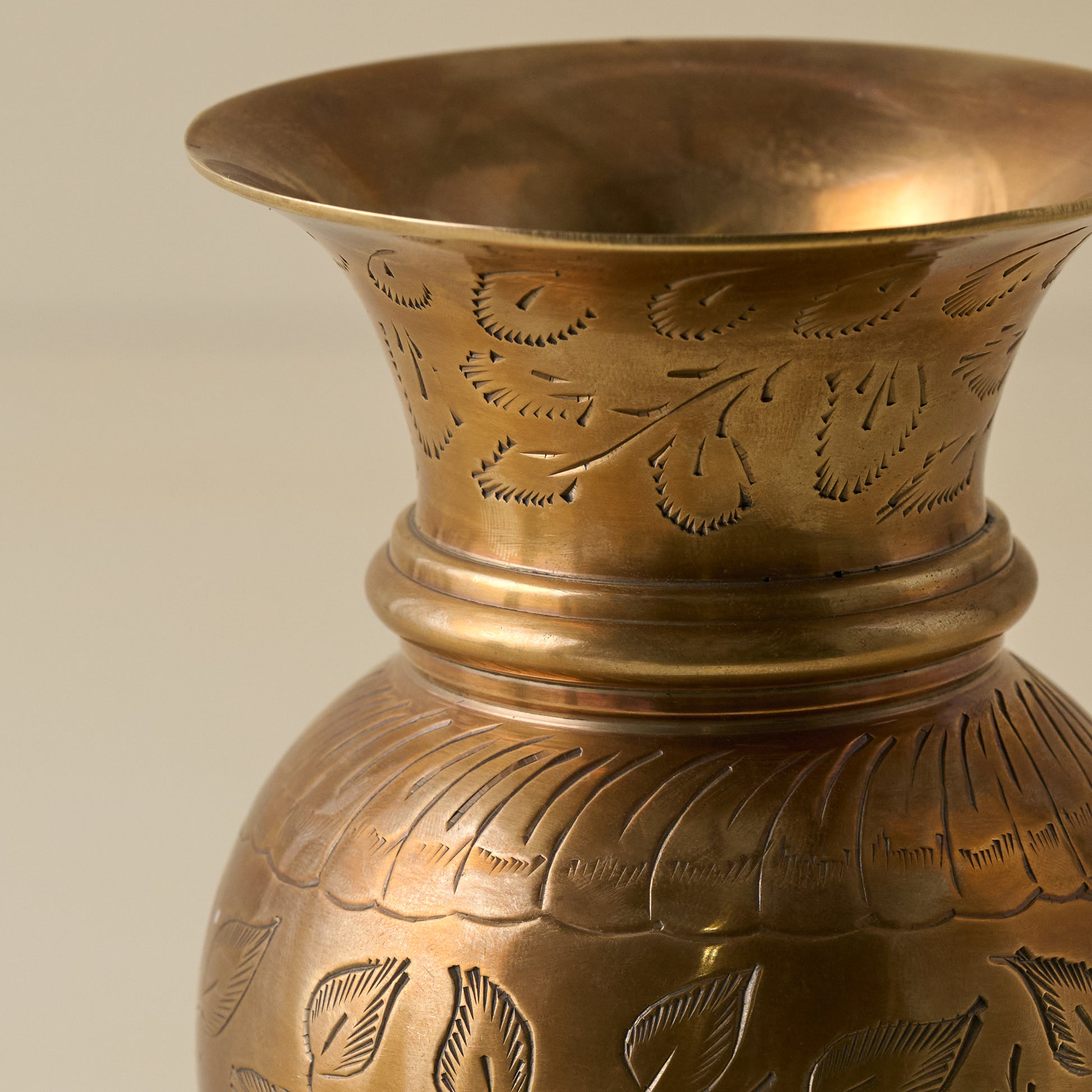 Anna Antiqued Solid Brass Vase (medium) close up of leaf etched detail
