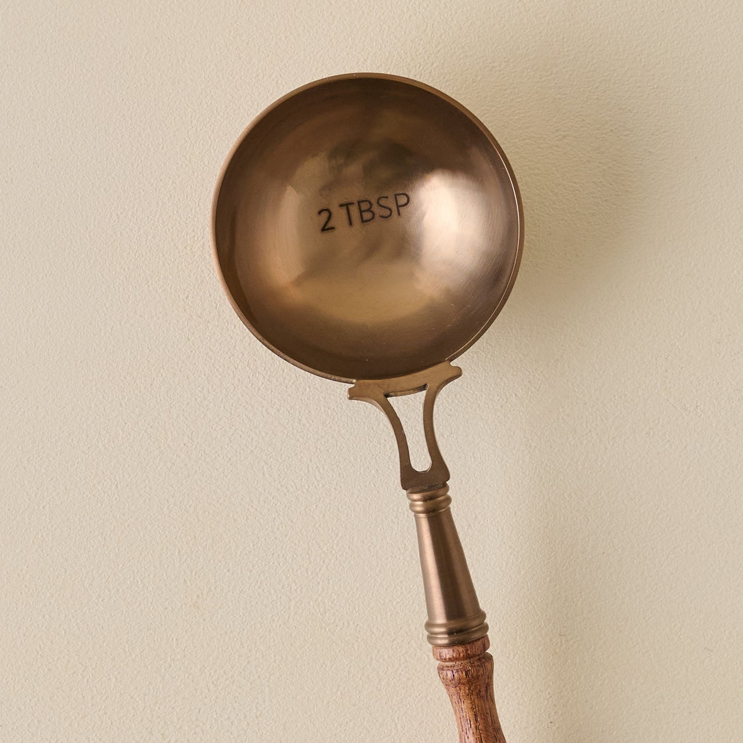 Antique Copper + Wood Coffee Scoop close up view