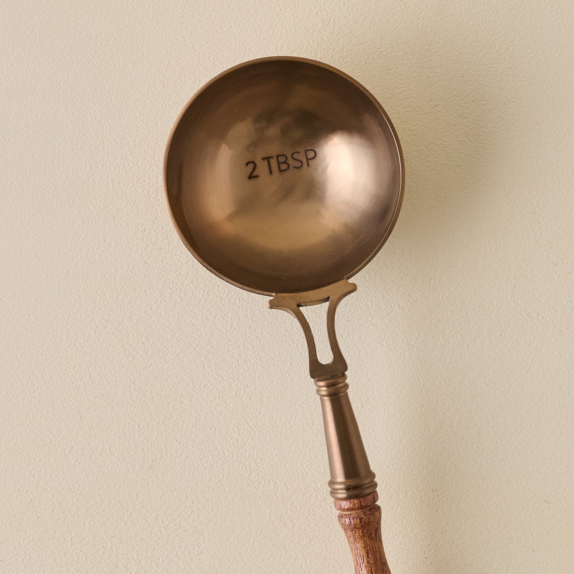 Antique Copper + Wood Coffee Scoop close up view