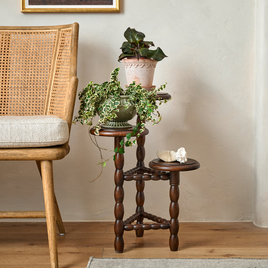 Winnie Tiered Plant Stand in a room with potted plants placed on top