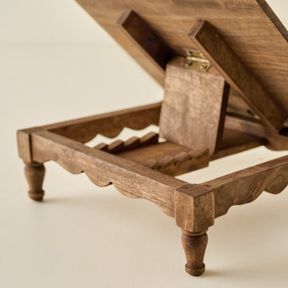 Vintage-Inspired Cookbook Holder + Riser close up back view of riser grooves