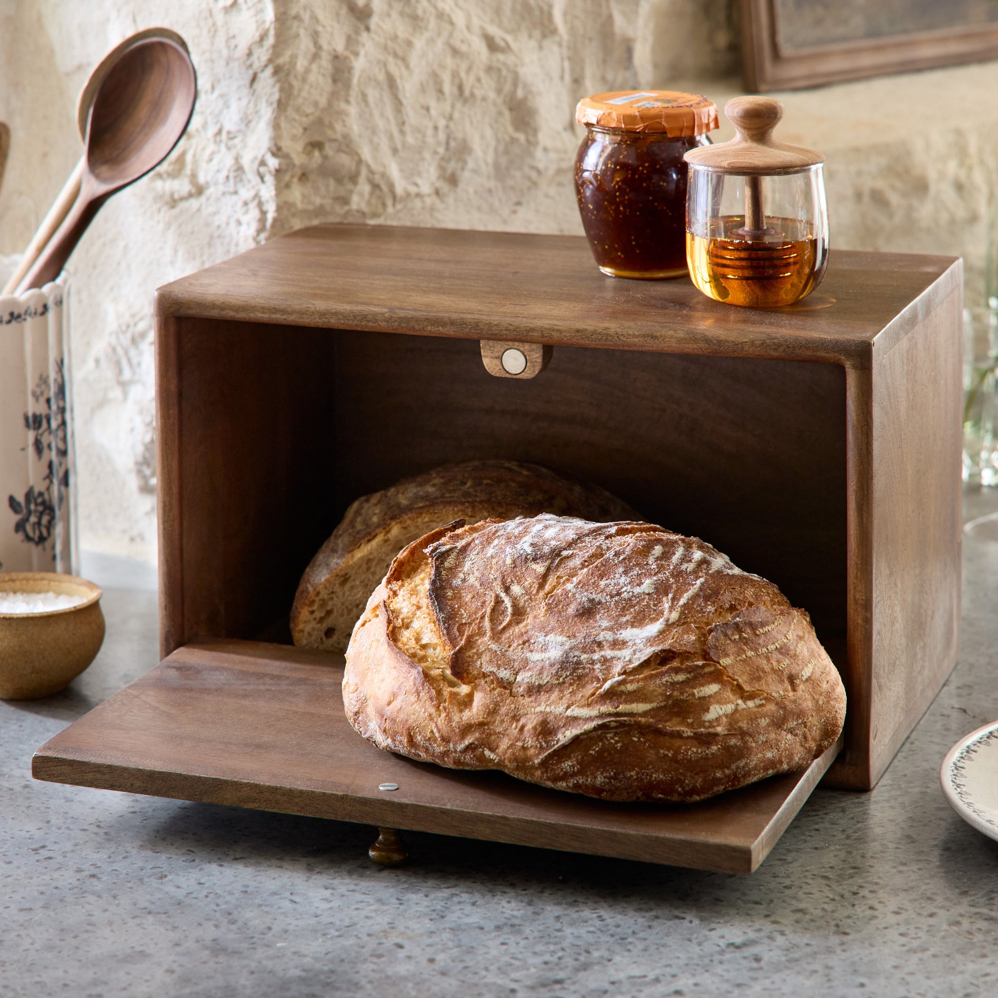 Antiqued Wood Carved Bread Box with bread inside 