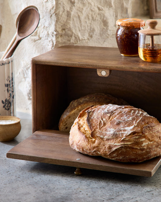 Antiqued Wood Carved Bread Box with bread inside 