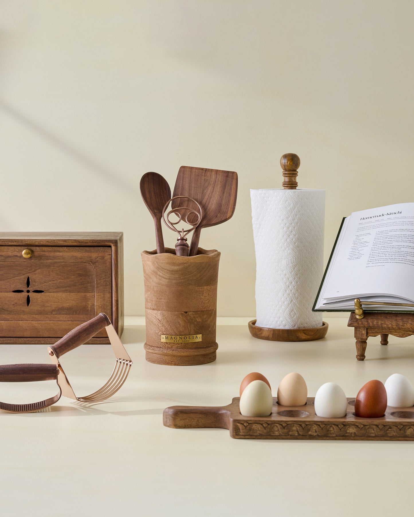 Antiqued Wood Carved Bread Box with other kitchen items