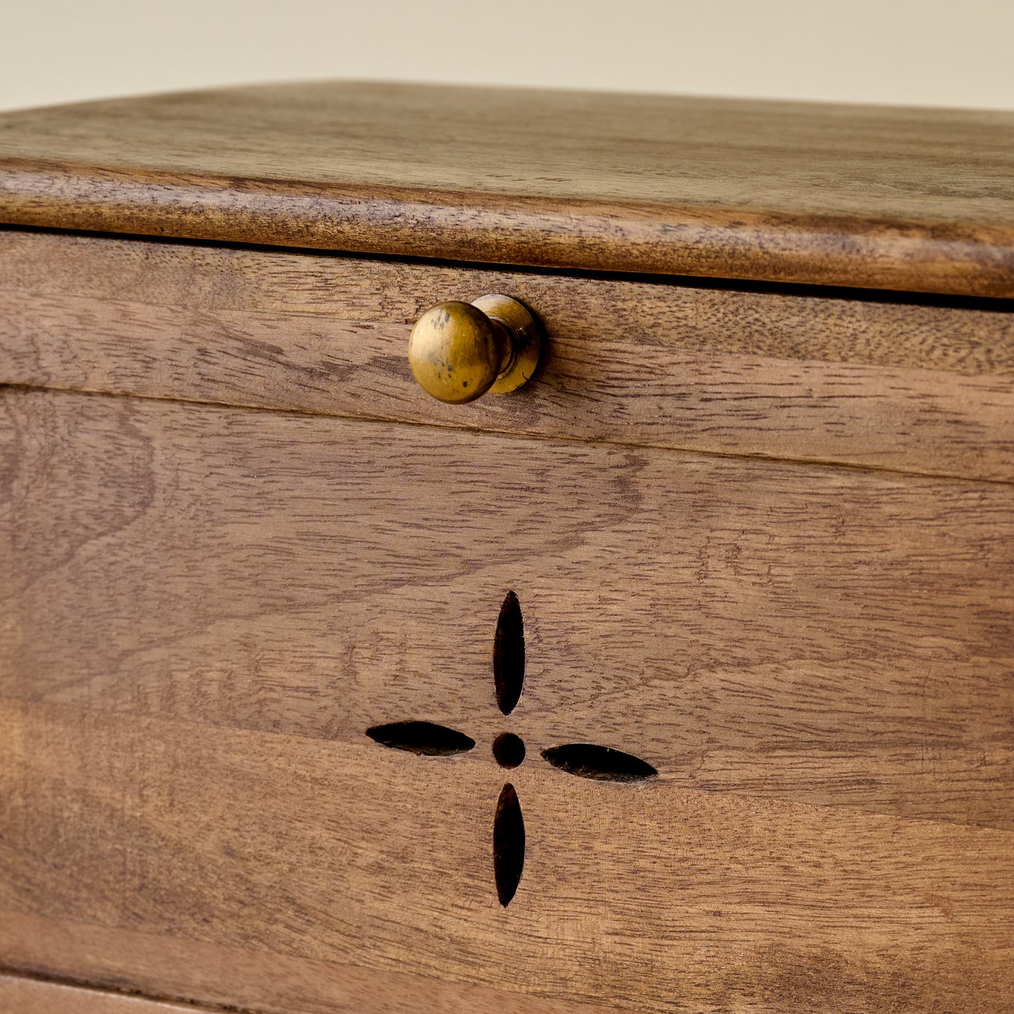Antiqued Wood Carved Bread Box close up view