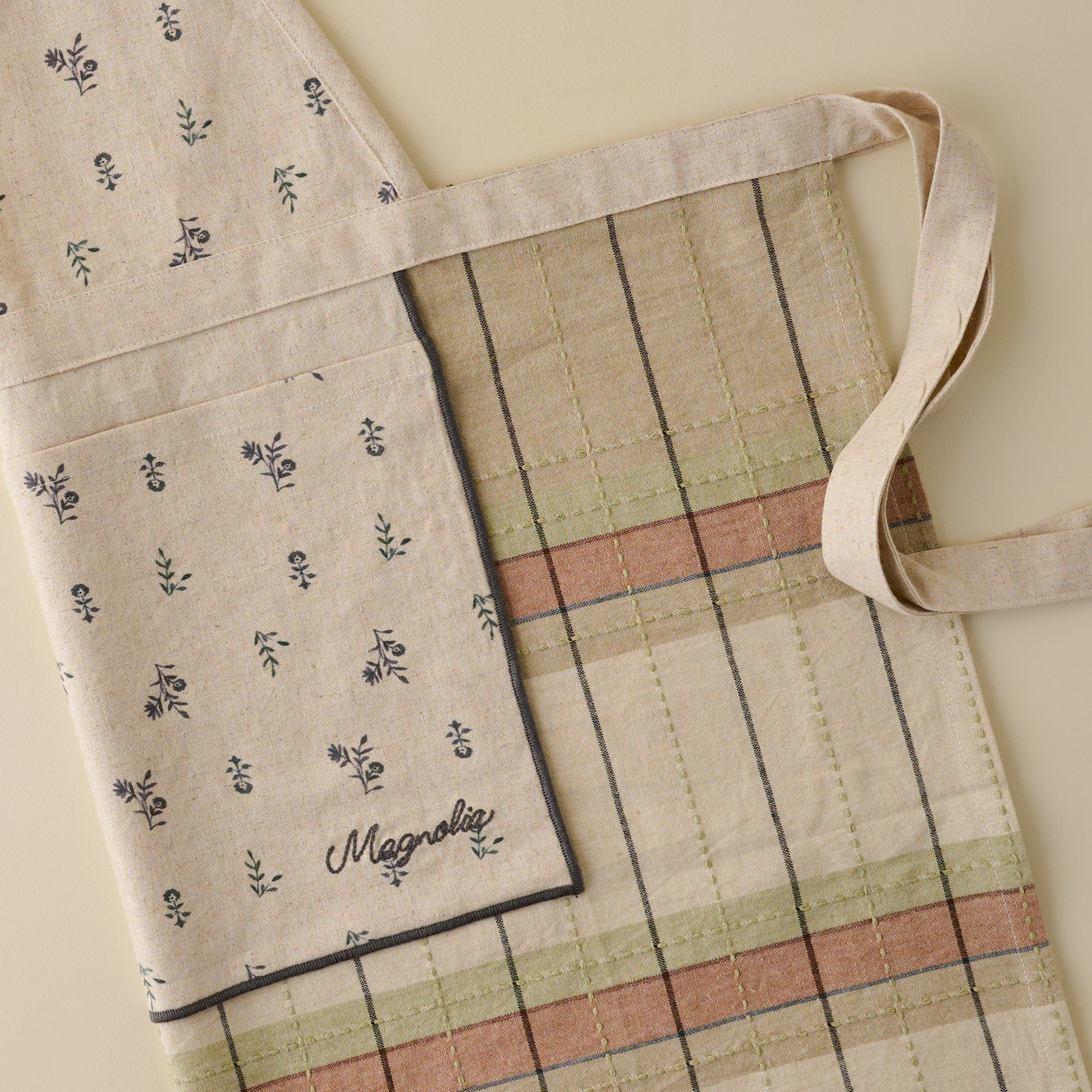 Magnolia Dawn Plaid Apron close up view