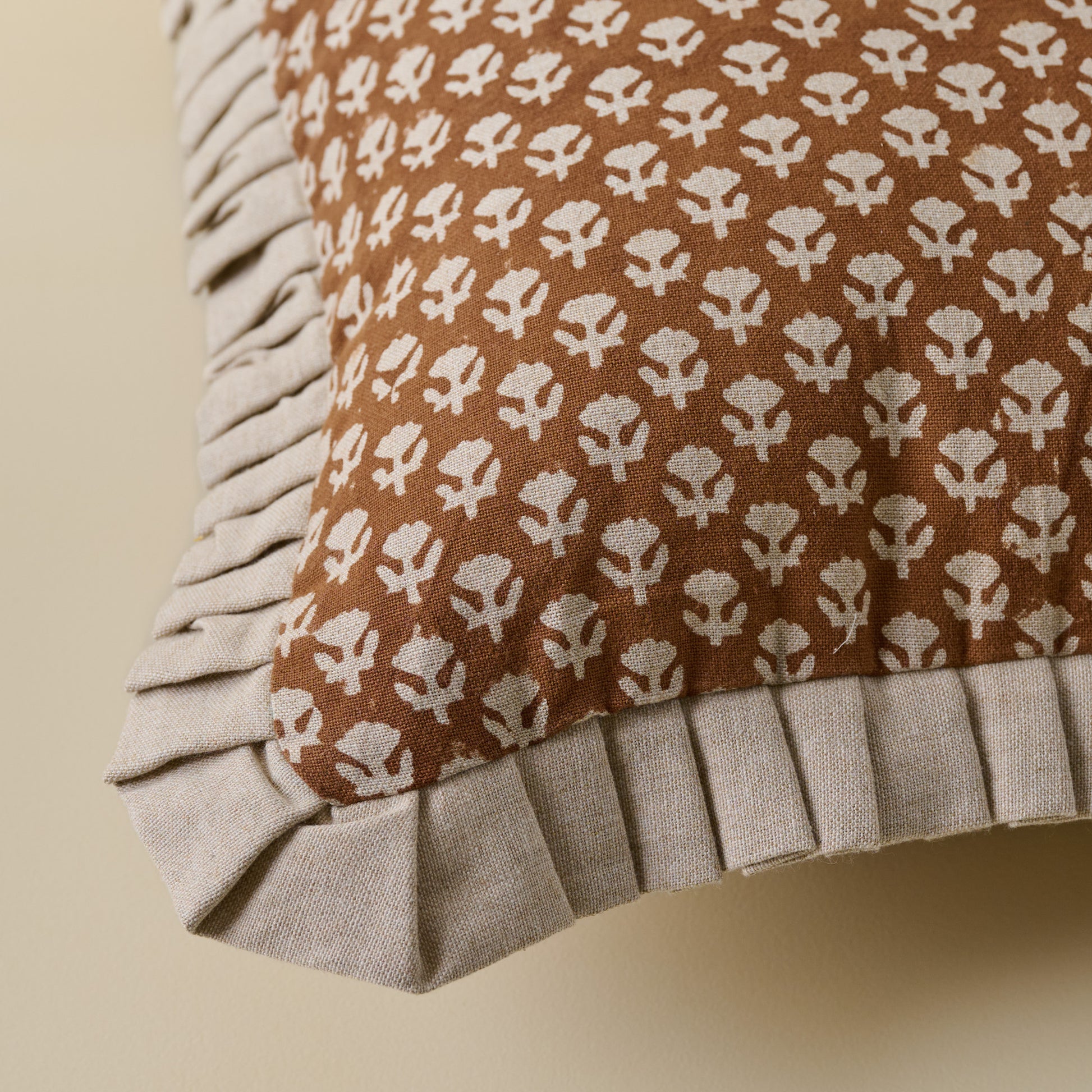 Emma Block Printed Pillow close up of pleated ruffle trim 