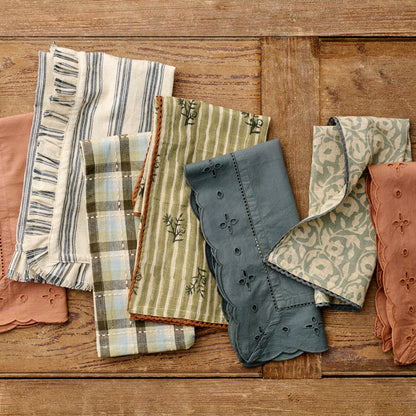 Lola Stripe Floral Napkin, Blush and Blue Eyelet Border Napkin