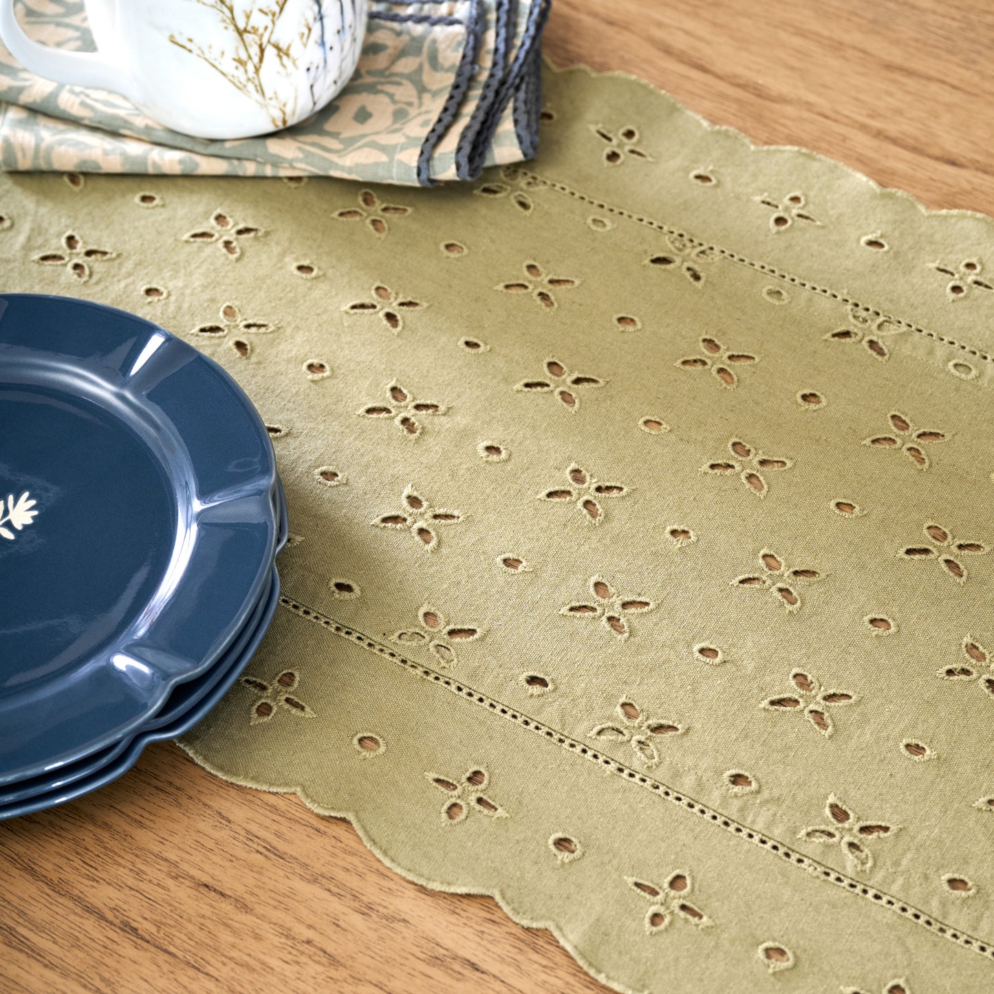 Earth Green Eyelet Table Runner on tablescape