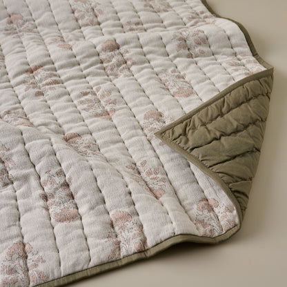 Floral Jacquard Kantha Quilt close up with olive green reversible