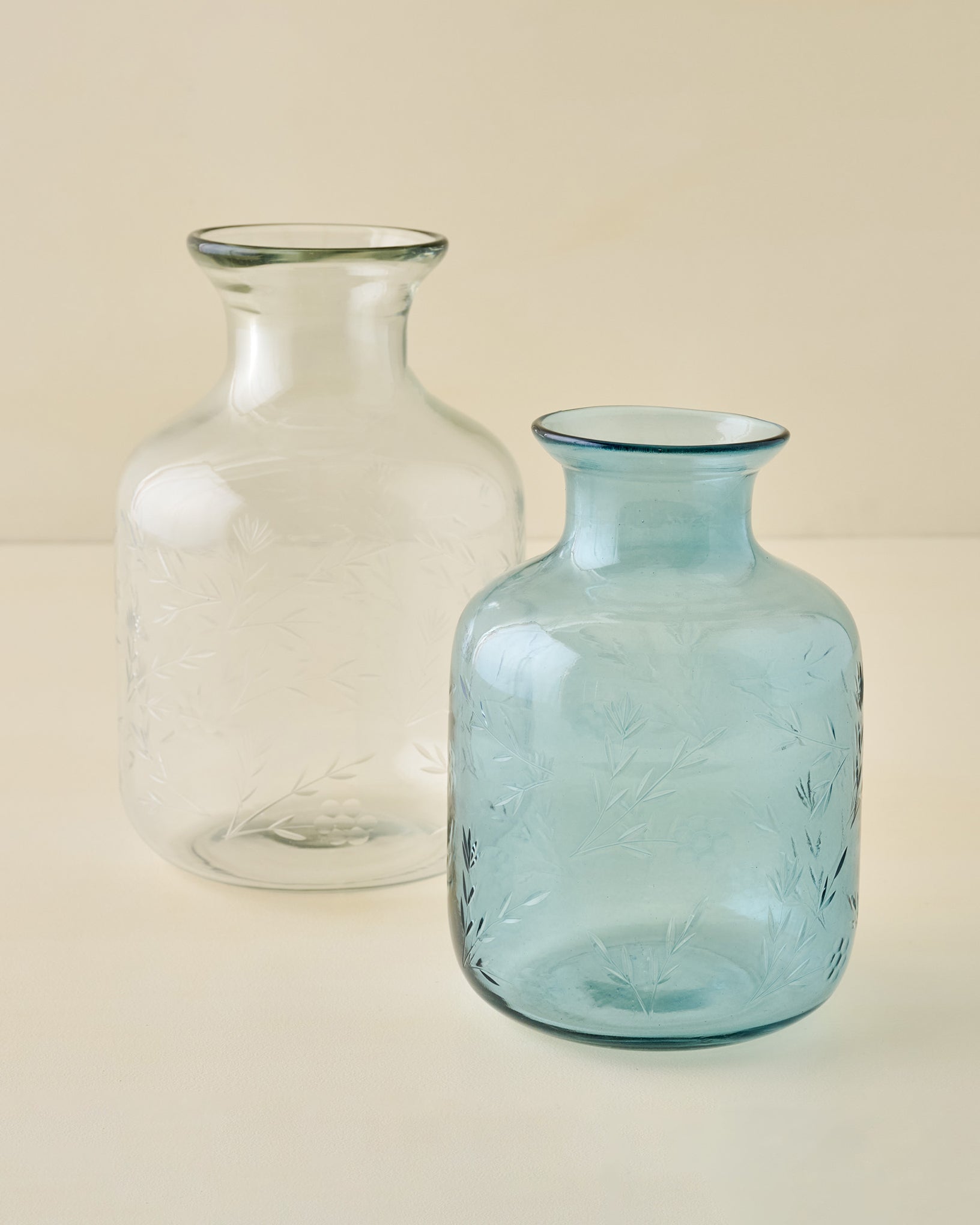 Nora Floral Etched Glass Vase and Mela Etched Glass Vase