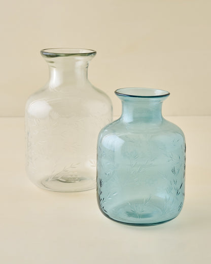 Nora Floral Etched Glass Vase and Mela Etched Glass Vase