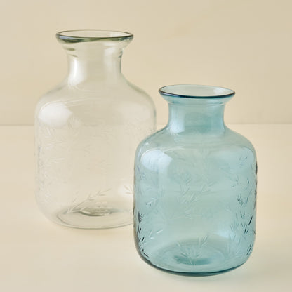 Mela Floral Etched Glass Vase with Green Glass Vase