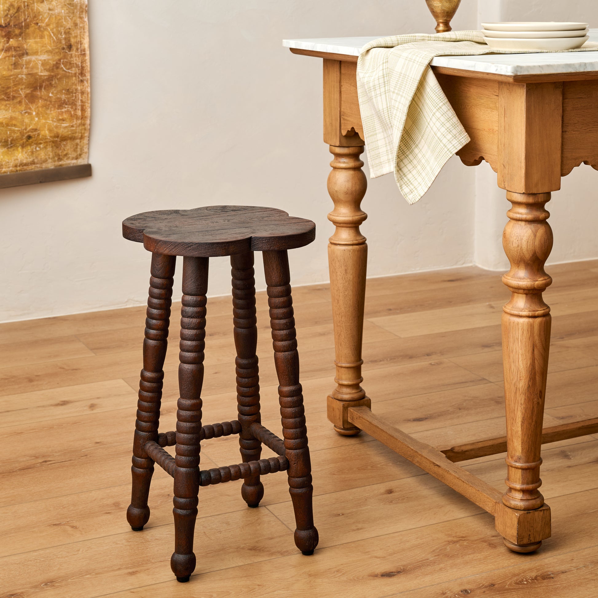 Jude Counter Stool in Dark Wood next to kitchen island